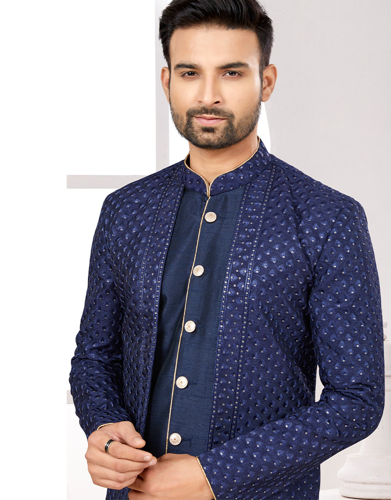 Readymade Mens Traditional Wear Navy Blue Kurta S 5001 Embroidery Pant Navy Blue Embroidered