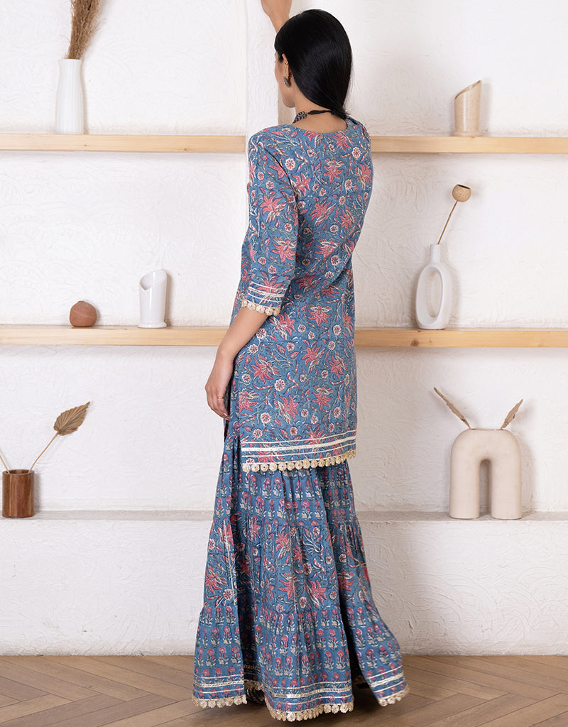 Designer Party Wear Readymade Top Bottom Set Blue Cotton Sharara