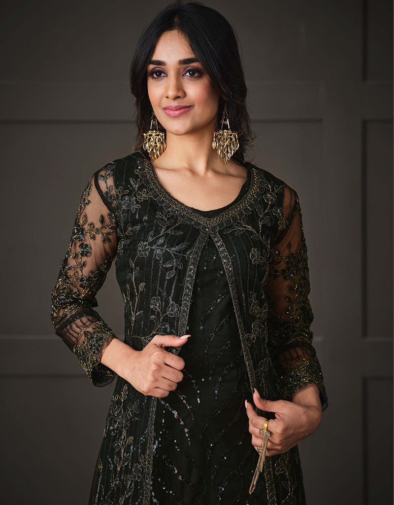 Designer Party Wear Net Pakistani Sui Collection Black Net Pant Pakistani Suits Black Embroidery Work Arabic attire