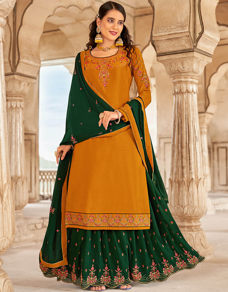 Buy Yellow Silk Lehenga with Dark Green Velvet Choli Online - LLCV01095 |  Andaaz Fashion