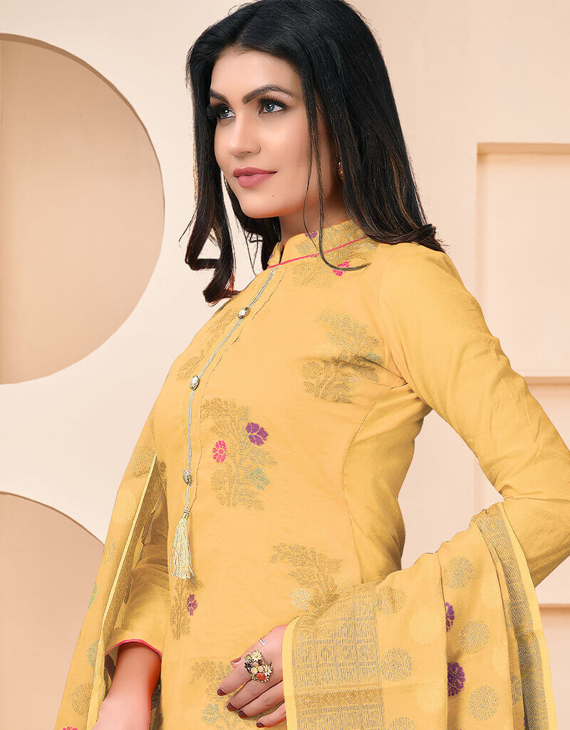 Yellow Banarasi Jacquard Chudidar Salwar Suit Yellow Embroidery Work
