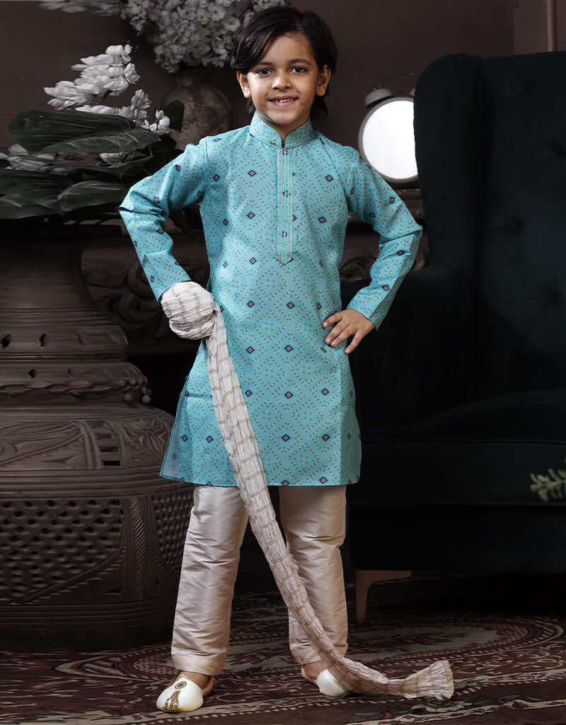 Light Feroze Kurta Pajama Cotton Printed Blue Embroidery – Arabic attire