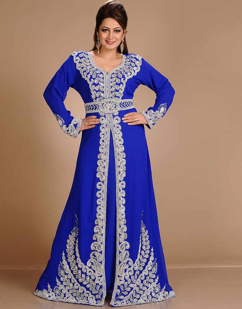 Arabic Royal Blue Georgette Hand Embroidery Party Wear Kaftan Takchita ...
