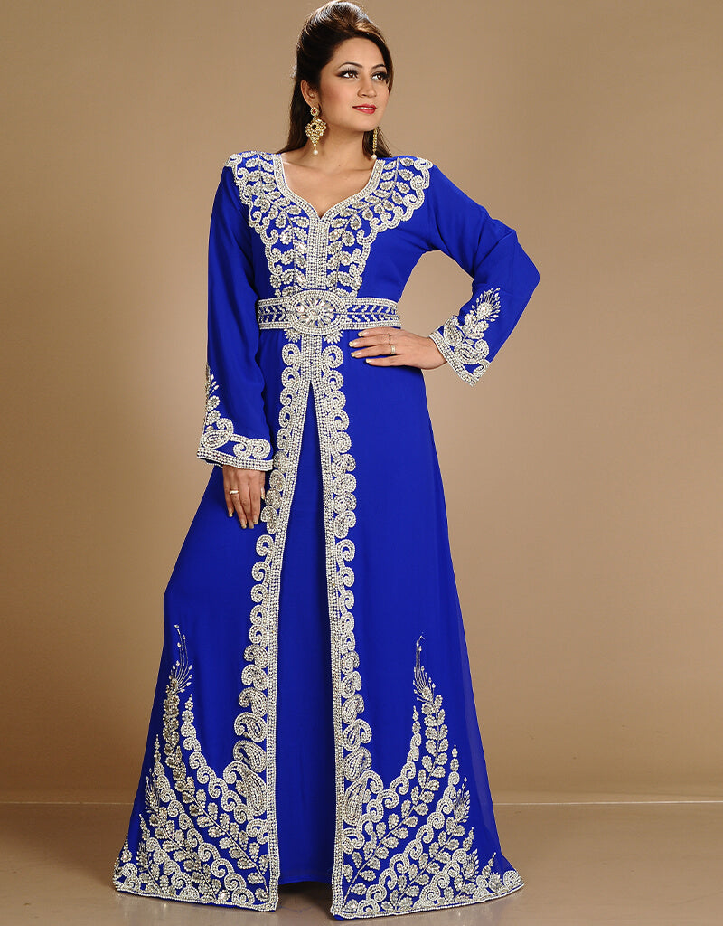 Arabic Royal Blue Georgette Hand Embroidery Party Wear Kaftan Takchita ...