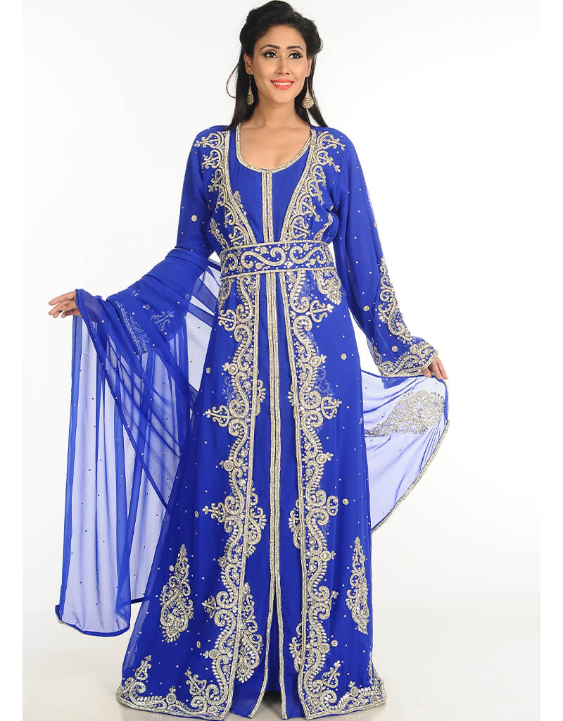 Women Blue Georgette Hand Embroidery Party Wear Kaftan Moroccon, Silver ...