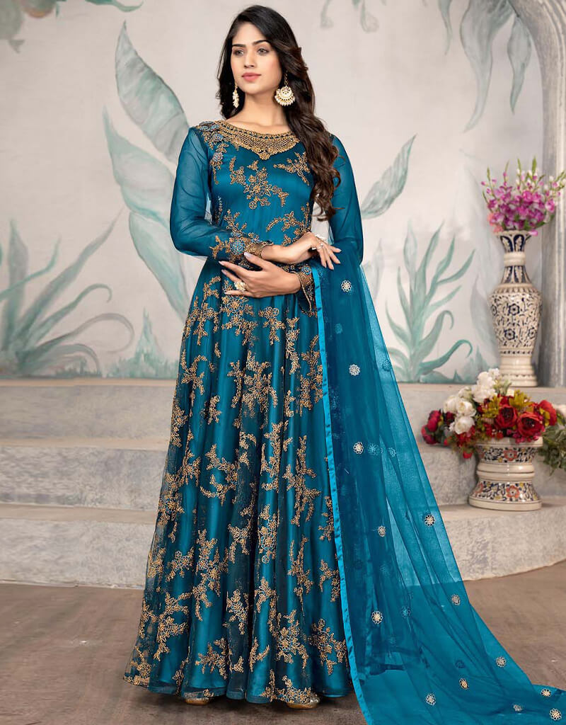 Deep Teal Pant style Anarkali Semi-Stitch Salwar Kameez in Embroidered ...