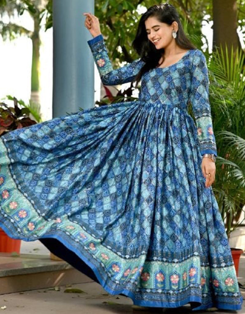 Blue Designer Function Wear Heavy Readymade Gown Blue Digital Printed ...