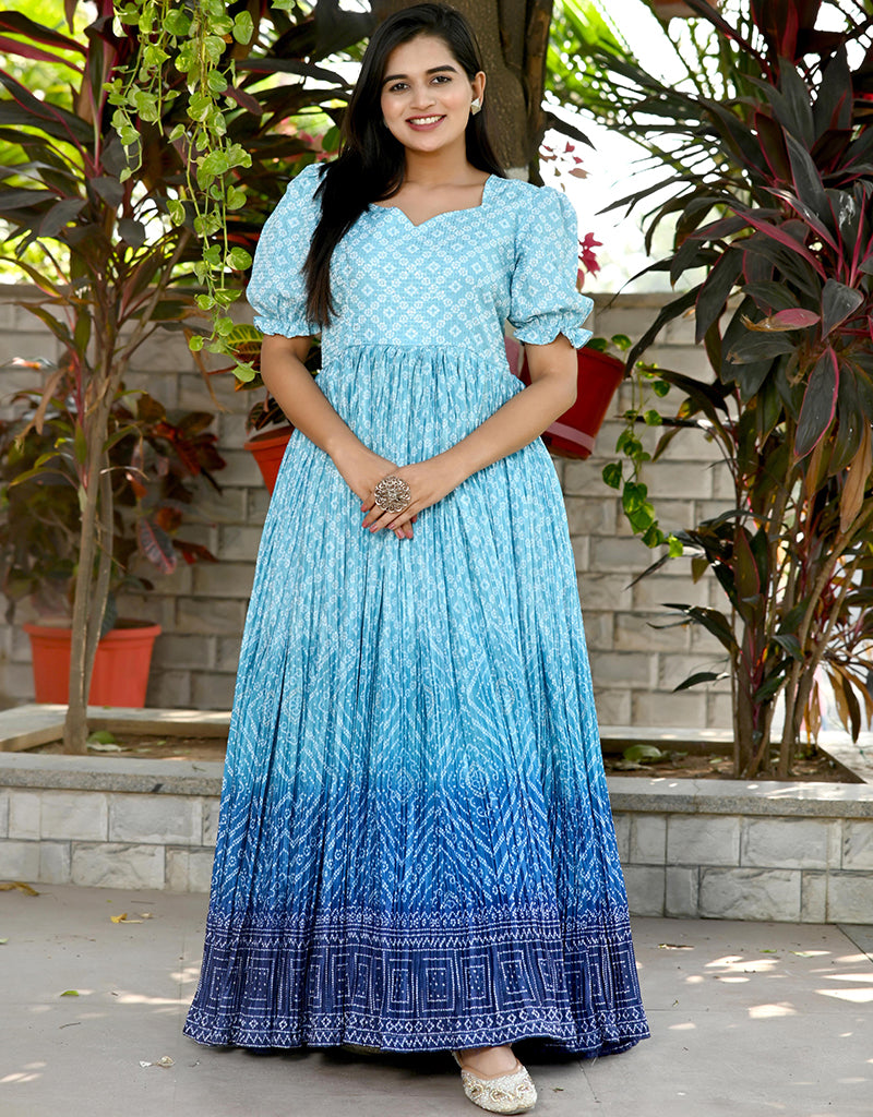 captative Light blue colour ready made gown with soft net pearl work dupatta