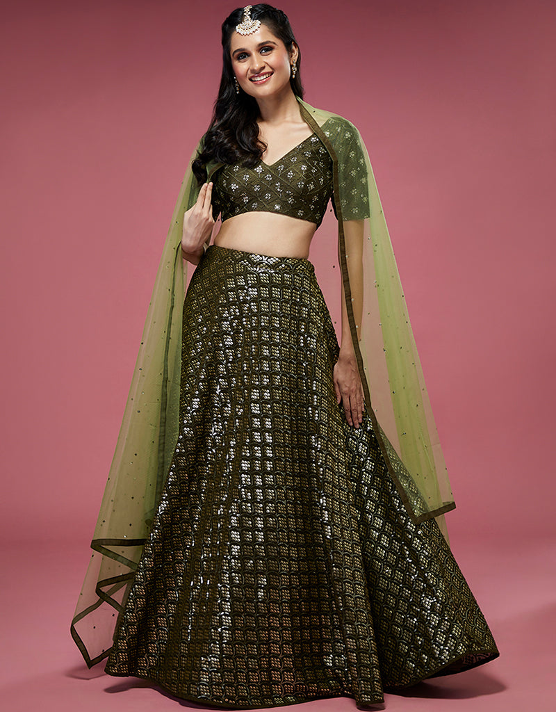 Olive Green Lehenga Choli In Georgette With Sequence Work – ReplicaVilla