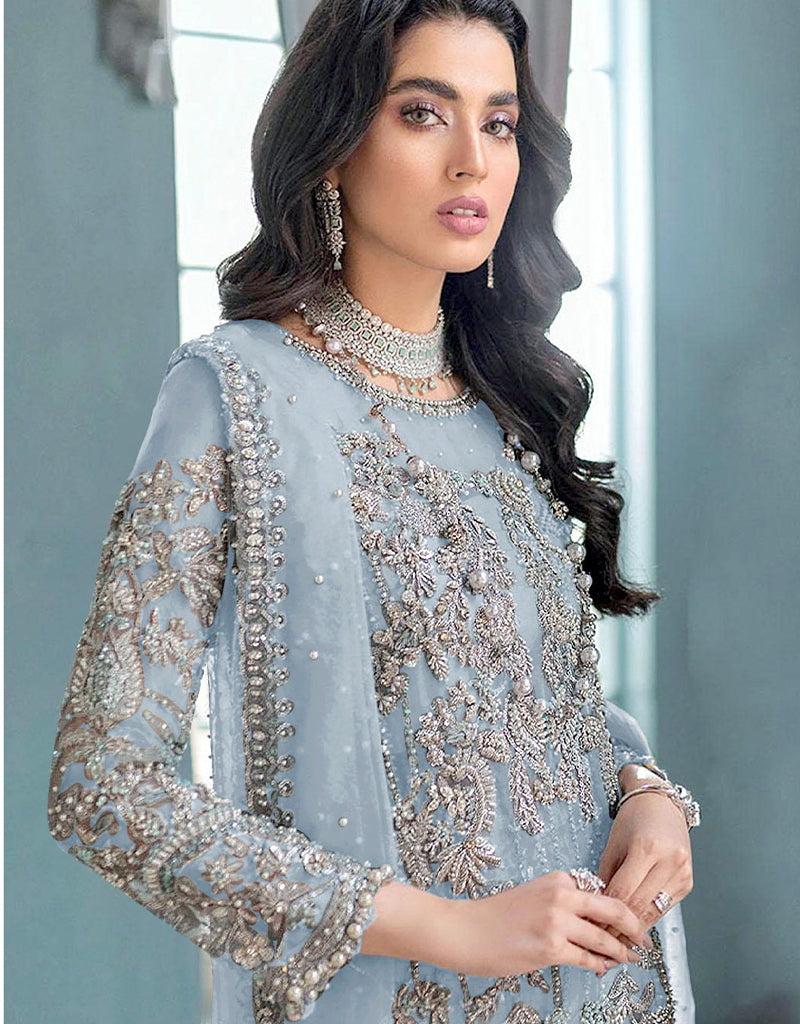 Grey Organza Silk Pant Straight Grey Embroidery Work – Arabic attire