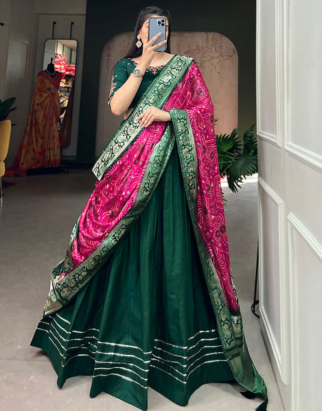 Pink Silk Jacquard Duppatta, Bottle Green Banarasi Silk Jacquard Lehenga &  Green Silk Crop Top Styled Blouse