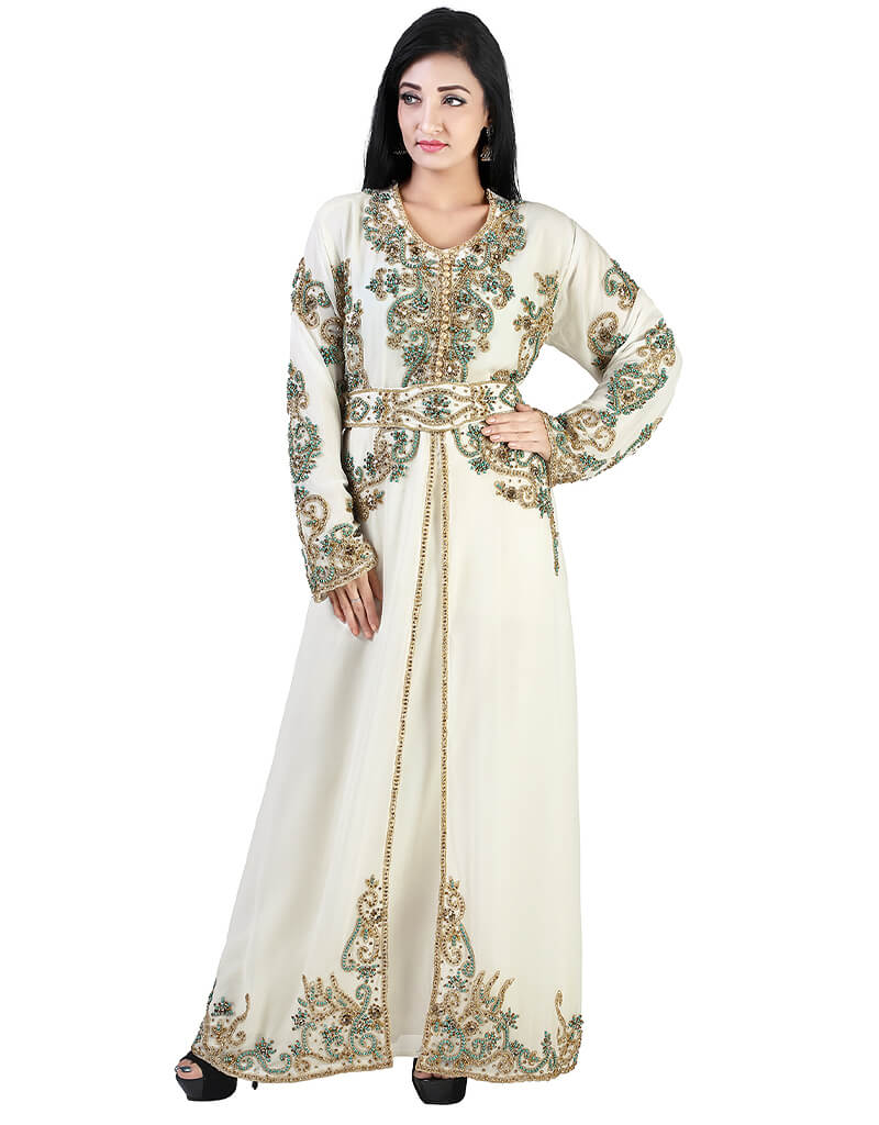 Modern White Georgette Hand Peral Embroidery Kaftan Moroccan, Golden ...