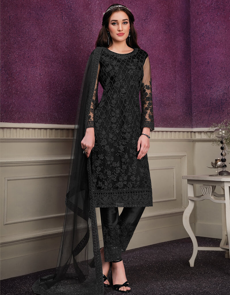 Black Pant style Suits Soft Net Salwar Kameez in Cording Embroidery ...