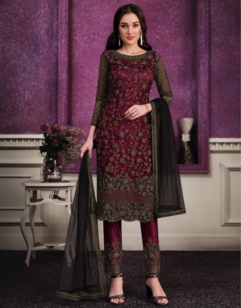 Wine Pant style Suits Soft Net Salwar Kameez in Cording Embroidery ...