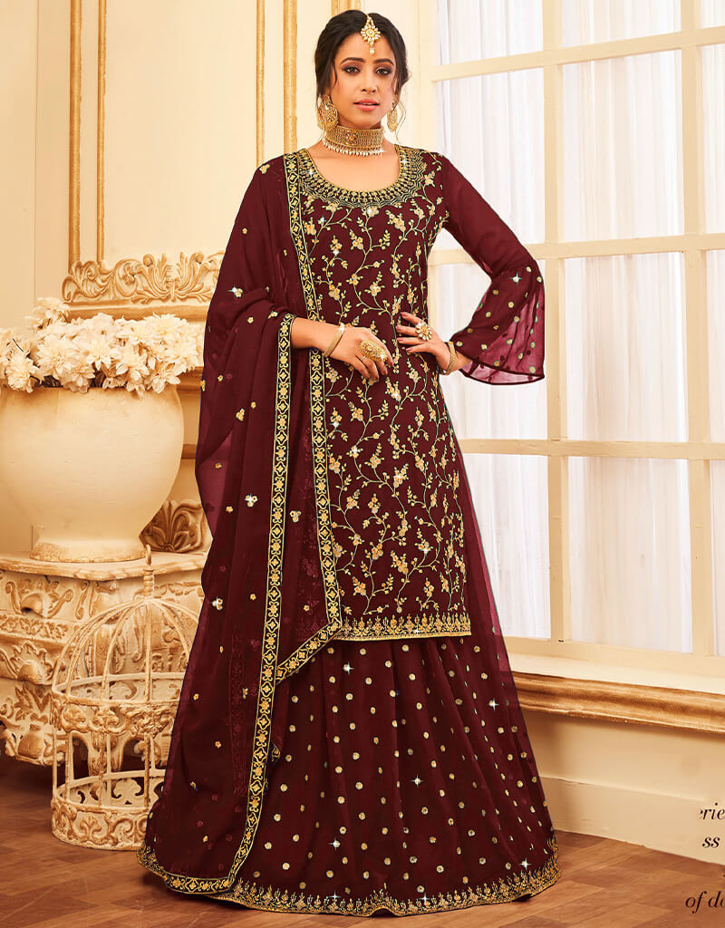 Maroon Lehenga style Suit Faux Georgette Salwar Kameez in Embroidery ...