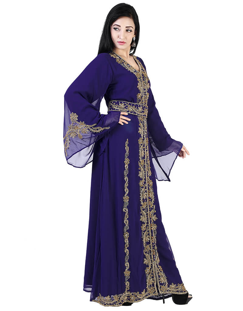 Muslimah Navy Blue Georgette Pearl Embroidery Kaftan Moroccan, Golden ...