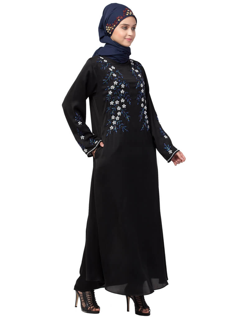 Muslim Front and Sleeve hand embroidered Party Abaya Black Flared ...