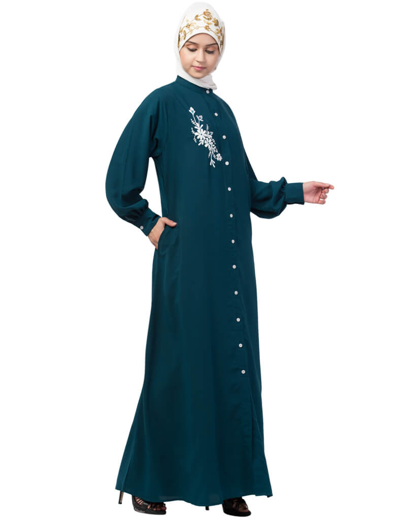 Arabic Front Open Side embroidery Contrast Button Abaya Teal Flared ...