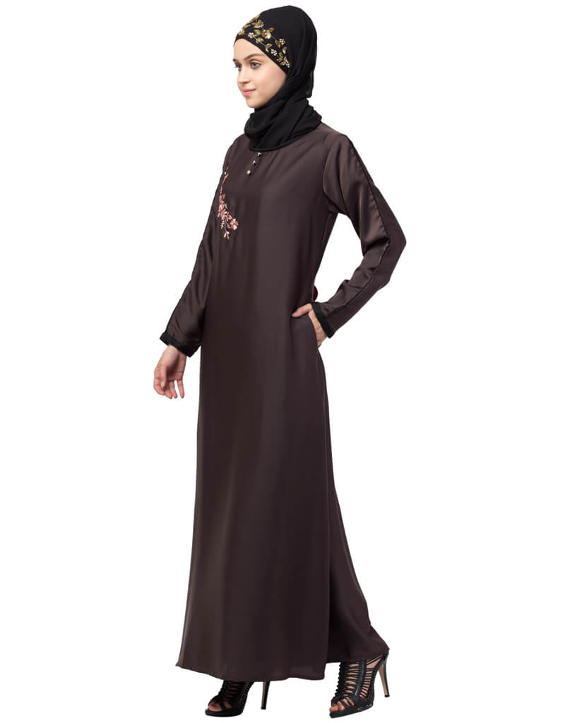 Chic Side embroidery contrast piping Abaya Brown Flared, Modest, Nida ...