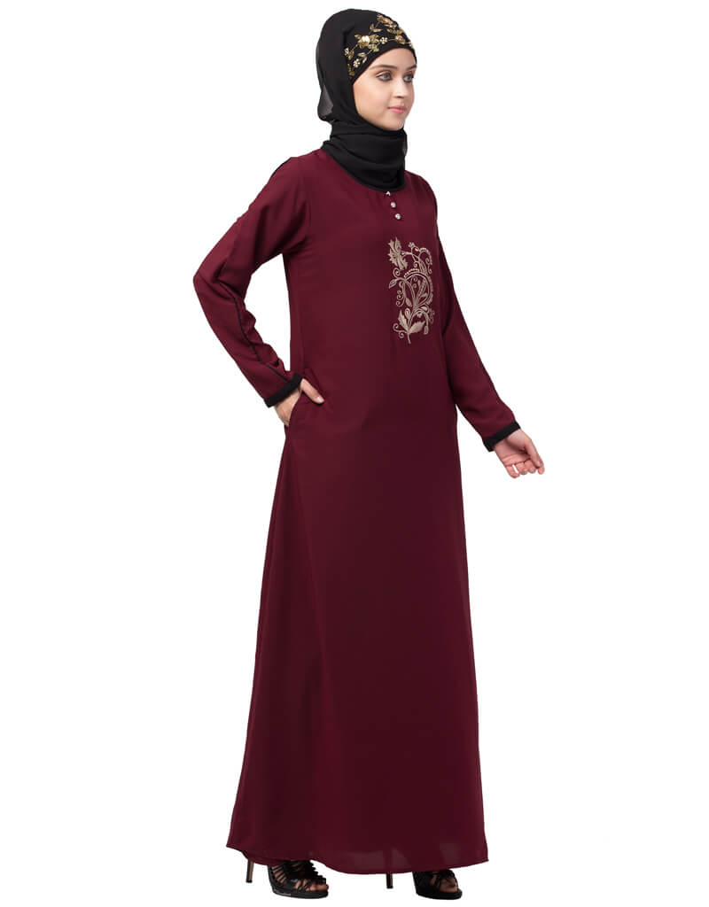 Modern Center embroidery contrast piping Abaya Maroon Flared, Modest ...