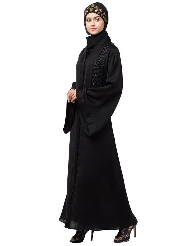 Trendy Hand work front and back Front open Dubai Abaya Black Flared ...