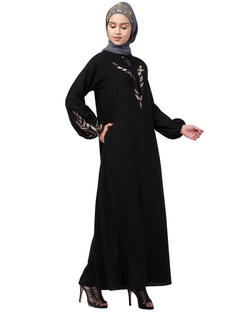 Arabic Front and Sleeve Resham Embroidery Balloon Sleeve Abaya Blac ...