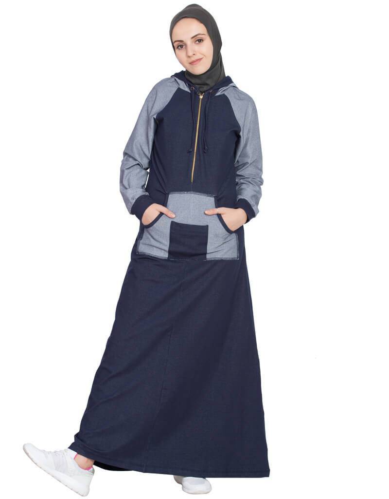 Muslimah Contrast Sleeve pocket hood Jersey Travel Abaya Blue