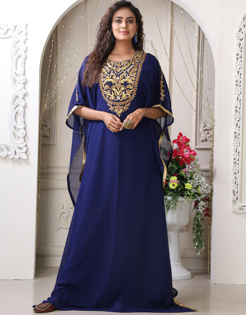 Arabic Dark Blue Georgette Stones Embroidery Farasha