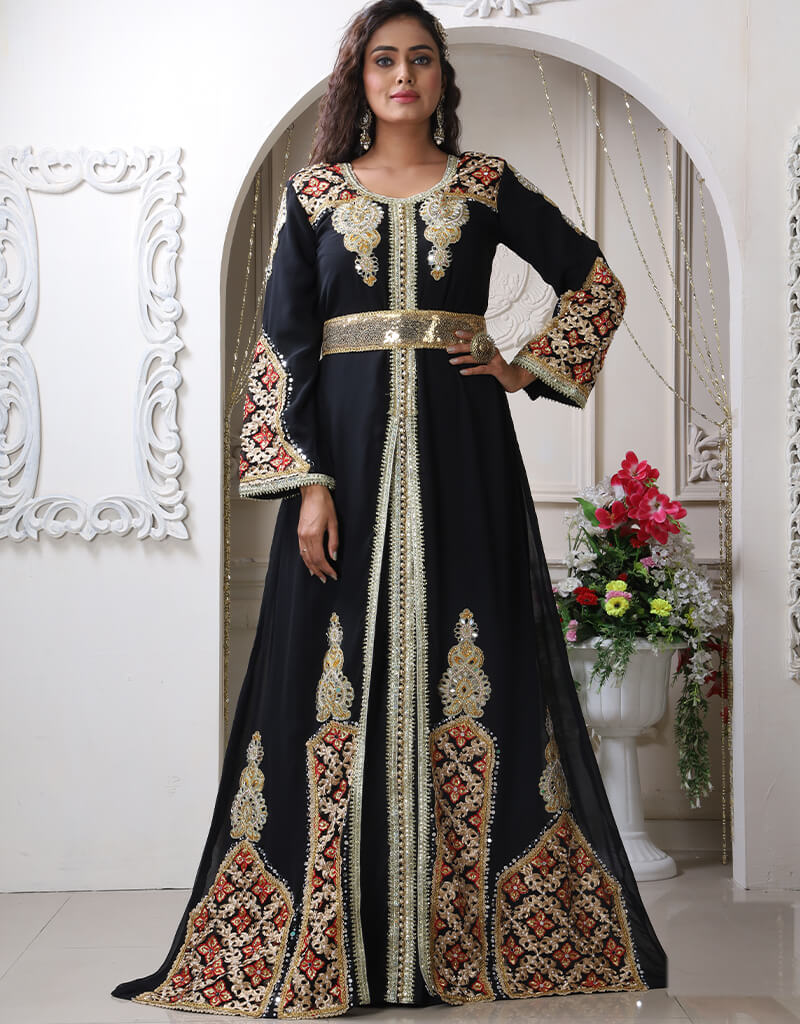 Muslim Black Georgette Stone Embroidery Moroccan