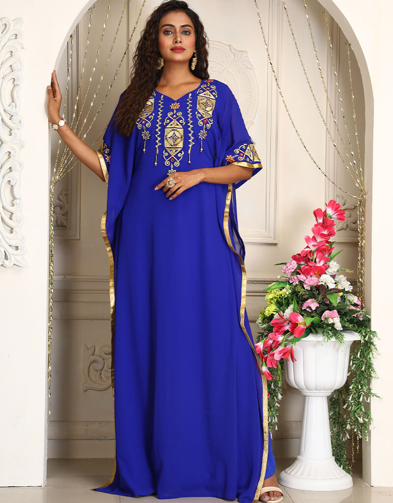 Arabic Blue Georgette Stones Embroidery Farasha