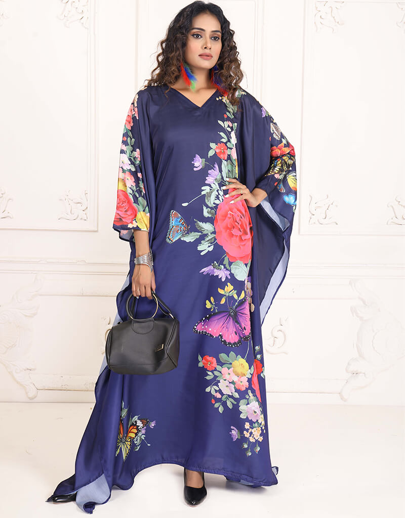 Dubai Purple Haze Color Flower Print Rayon Kaftan