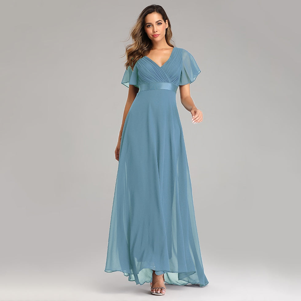 Elegant V-Neck Chiffon Formal Evening Gown – Arabic attire