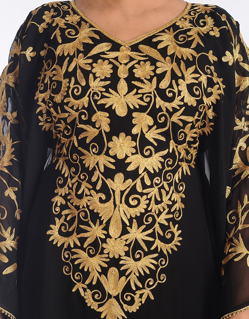 Chic Black Georgette Hand Zari Embroidery Farasha Farasha, Golden ...