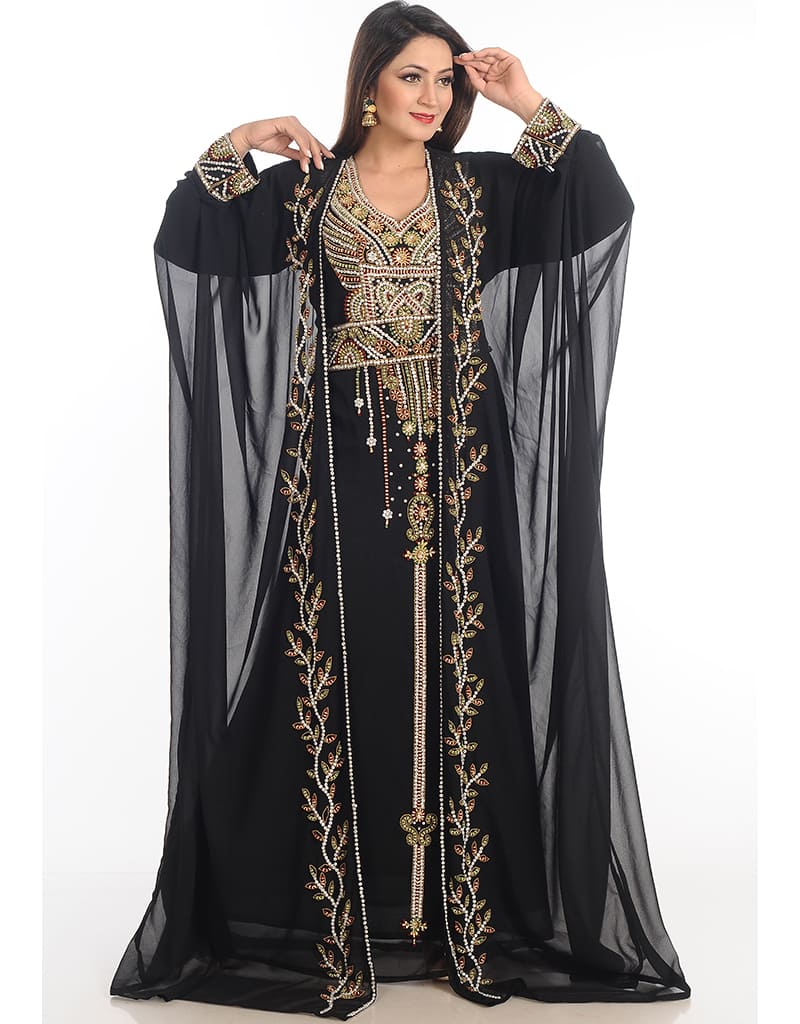 Modern Black Georgette Hand Zari Embroidery Kaftan – Arabic attire