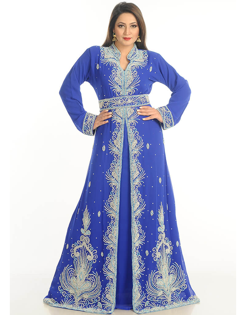 Women Royal Blue Georgette Hand Zari Embroidery Kaftan Takchita, Silver ...