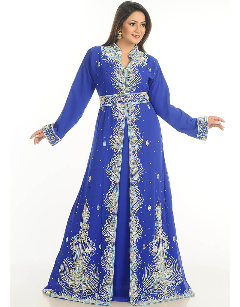 Women Royal Blue Georgette Hand Zari Embroidery Kaftan Takchita, Silver ...