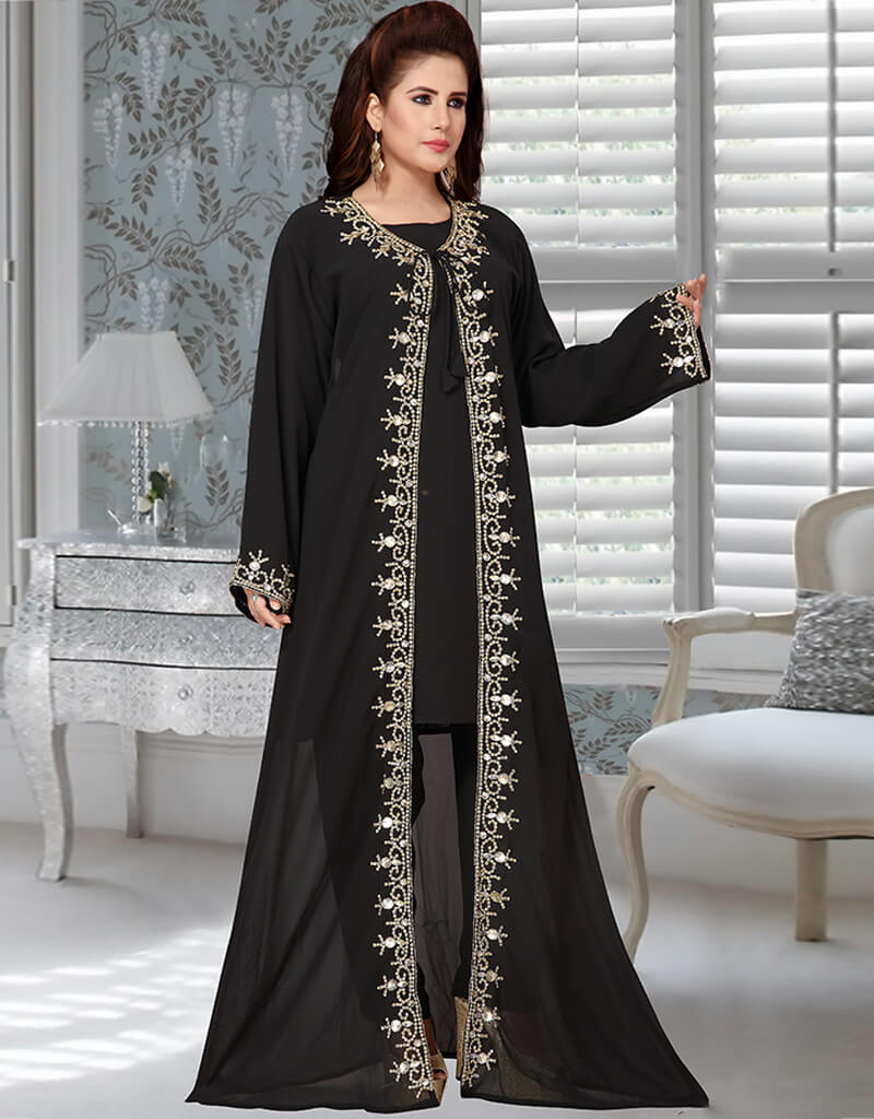 Muslim Black Full Sleeve Jacket Style Kaftan With Bottom Kaftan, Golden ...