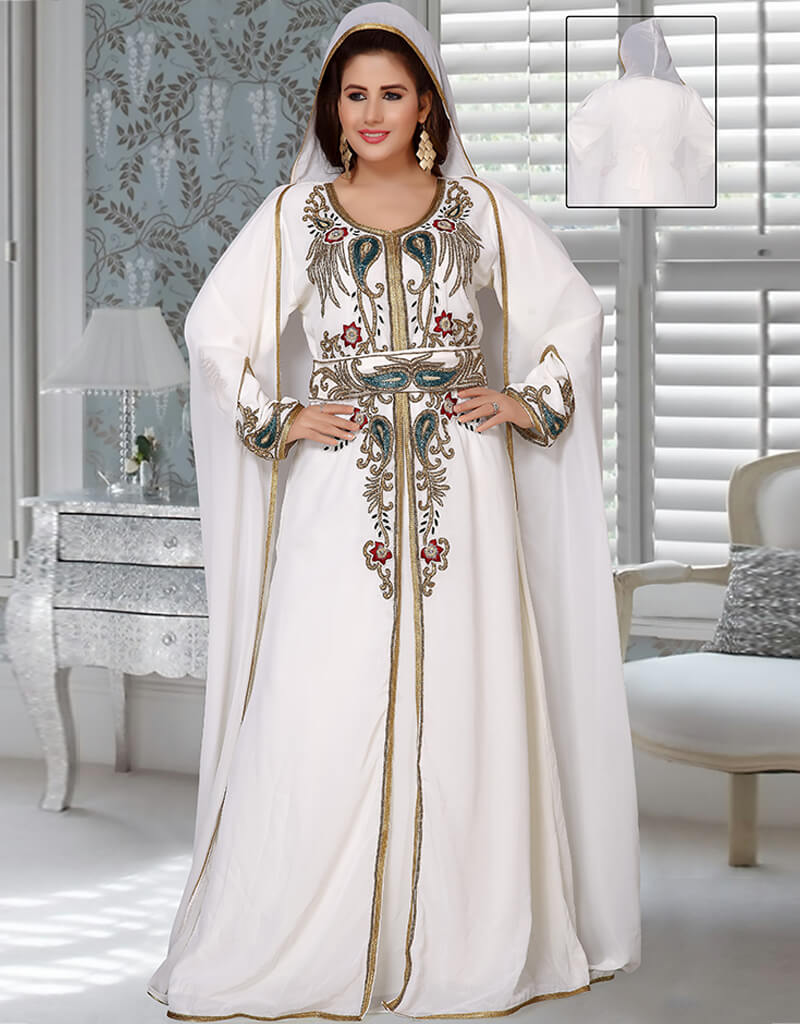 Modest White Moroccan Kaftan With Hooded Jacket Moroccan, Multi ...