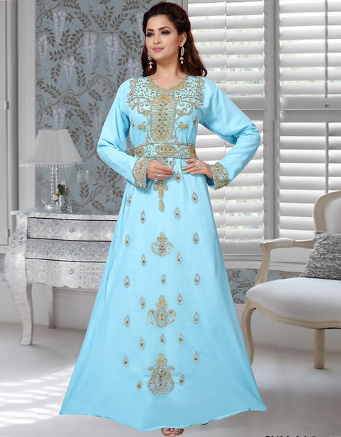 Muslimah Sky Blue Georgette Moroccan Kaftan Moroccan, Golden, Georgette ...