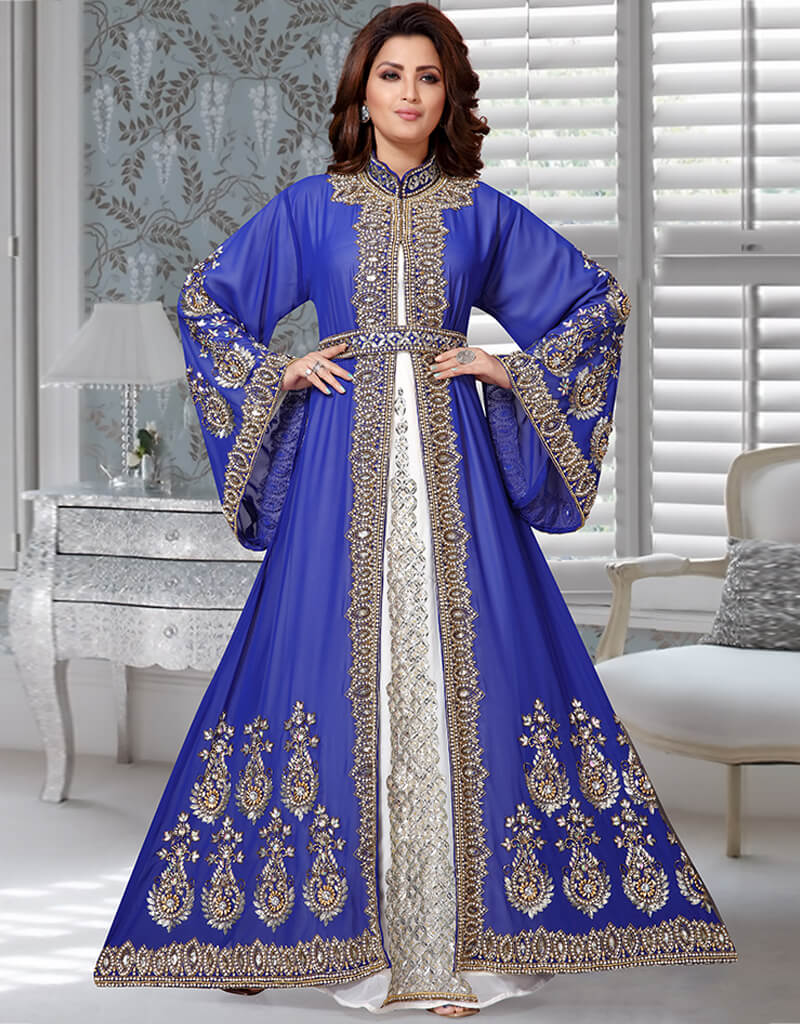 Modest Blue Heavy Embroidery Worked Moroccan Kaftan Moroccan, Golden ...