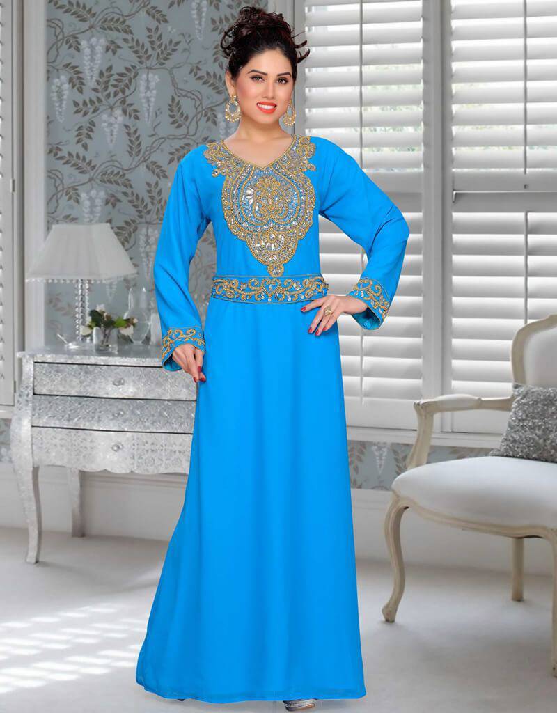 Slim Fit kaftan With Golden Embroidery Georgette Fabric, Golden ...