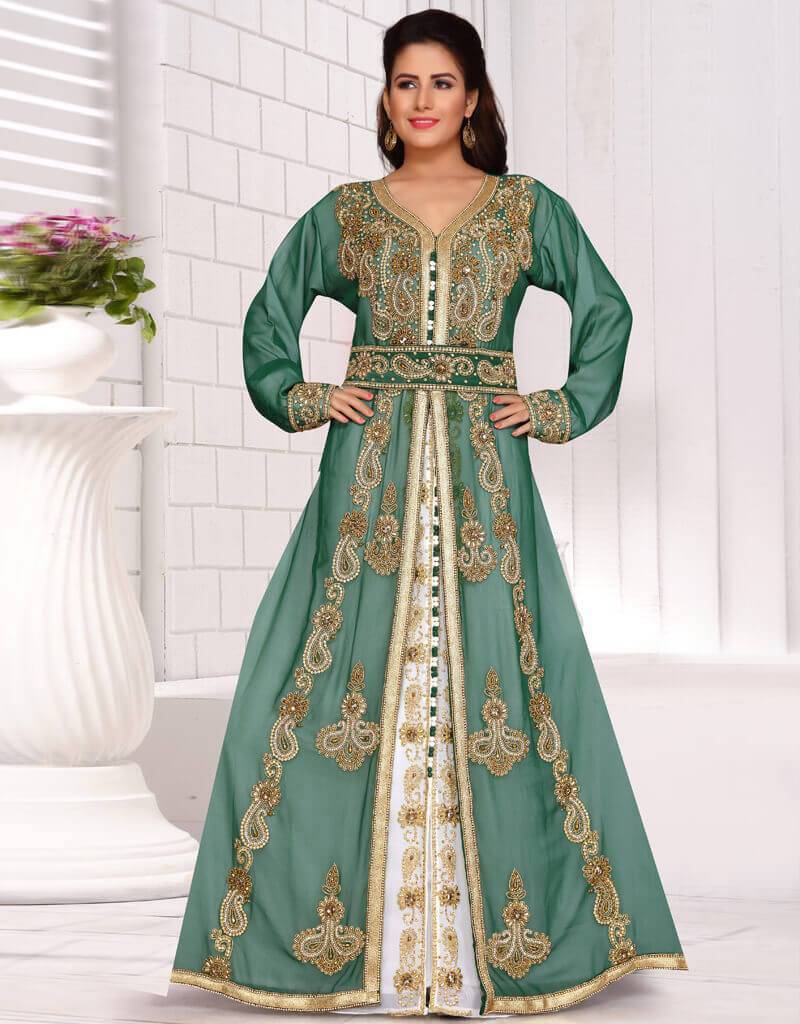 Designer wedding abaya with allover work Georgette Fabric, Golden ...