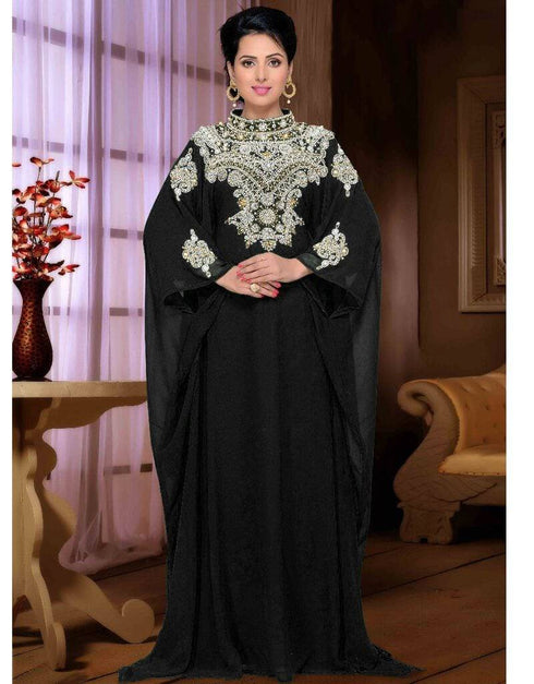 Stand Collar caftan with golden work Green Color, Georgette Fabric ...