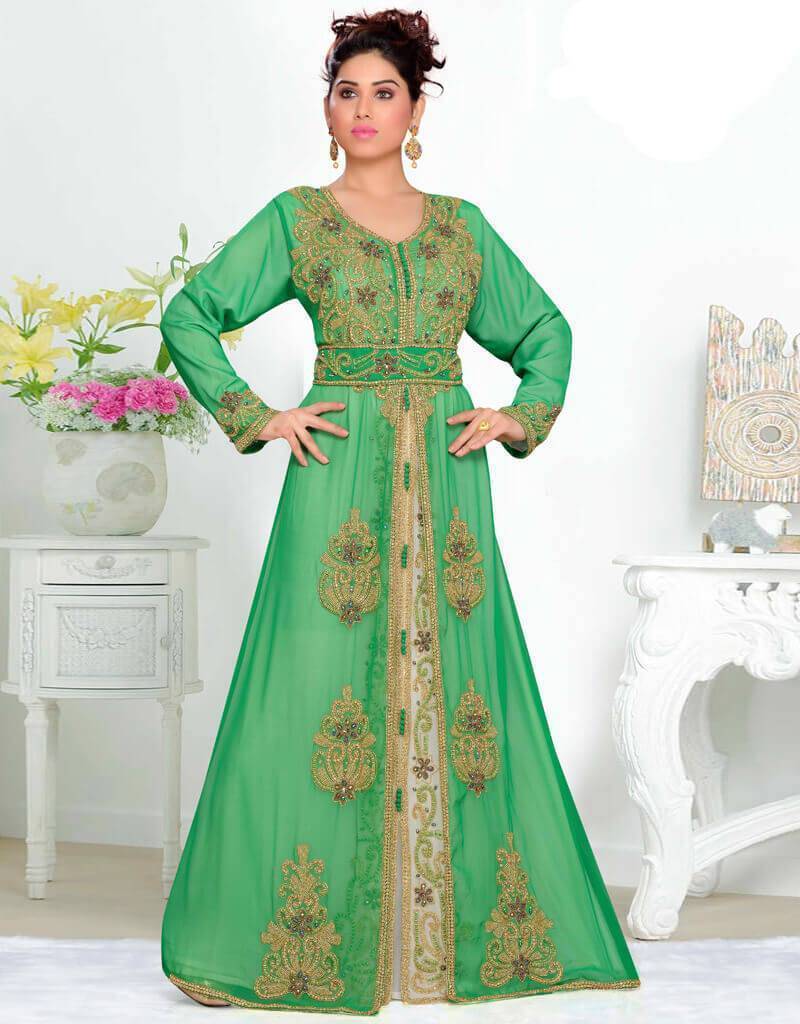 V neck Moroccan Style embroidered kaftan Green Color, Georgette Fabric ...
