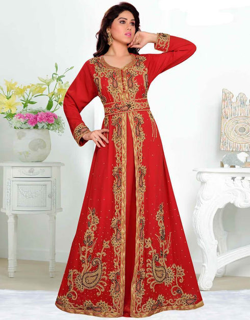 V neck Moroccan Style embroidered kaftan Red Color, Georgette Fabric ...