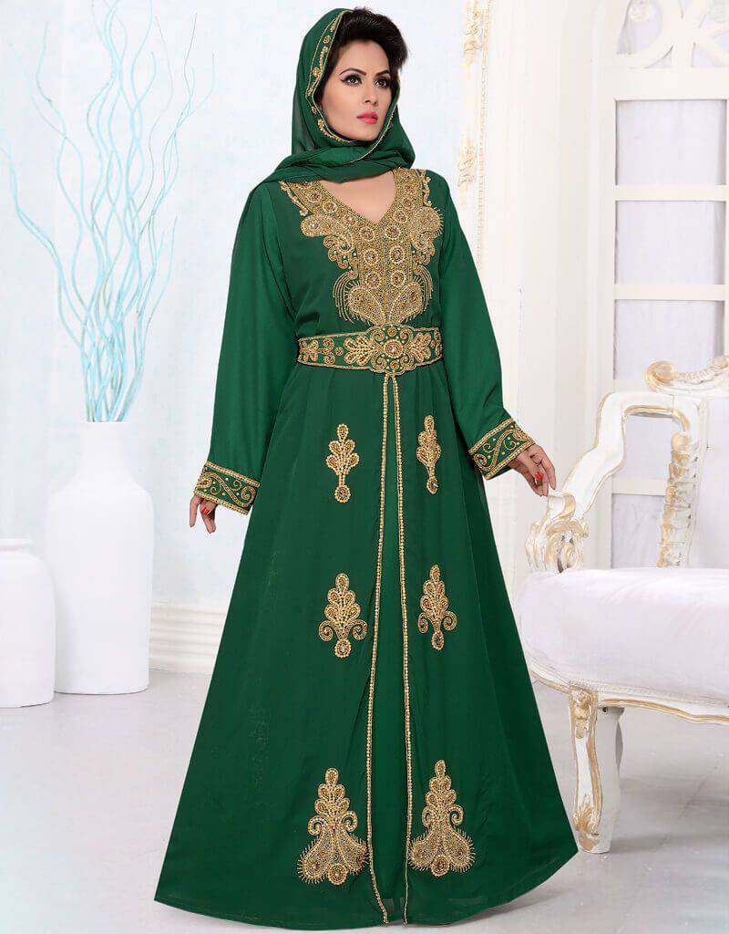 Wedding Abaya Jalabiya with Hijab Georgette Fabric Golden Embroidered Green Color Handmade Moroccan Style Arabic attire