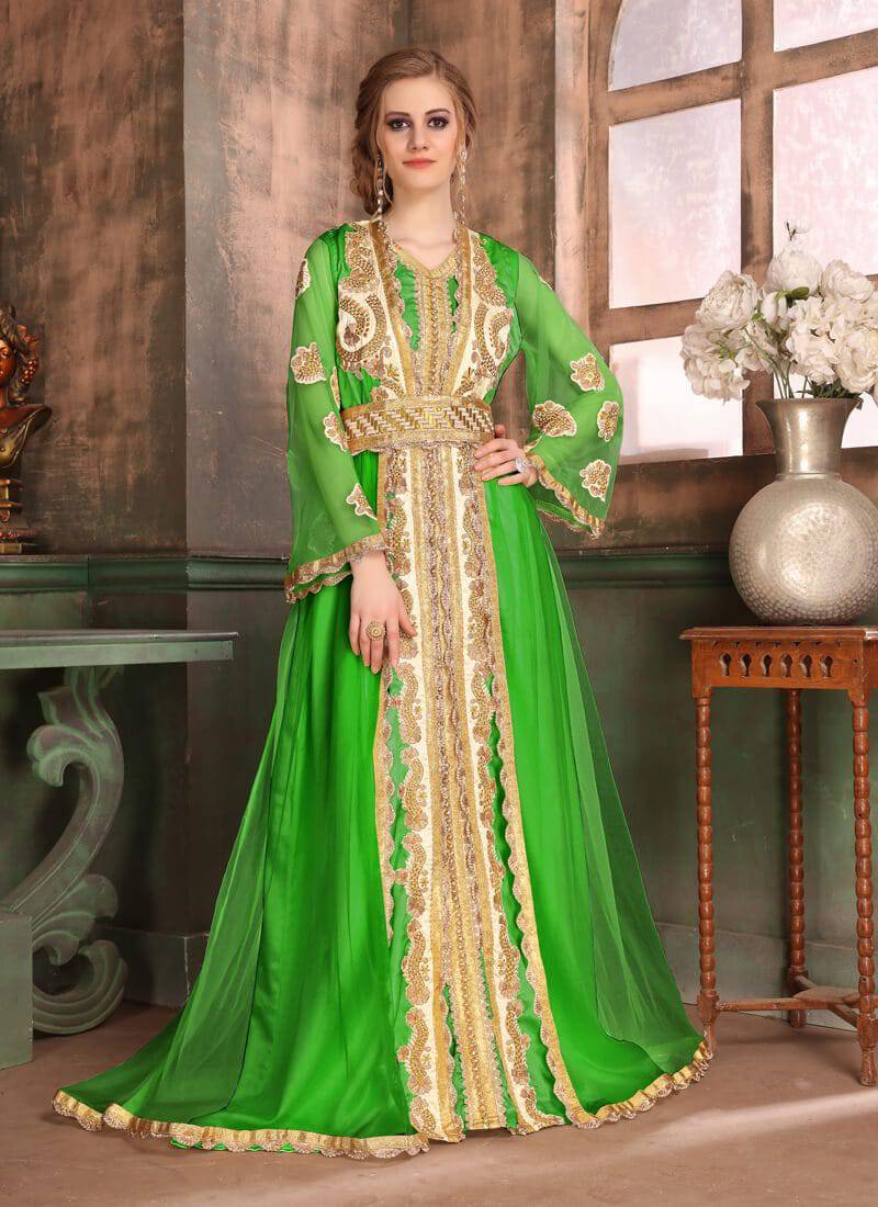 Heavy Wedding Wear moroccan style kaftan with multi embroidery work on at the front and outlet sleeves